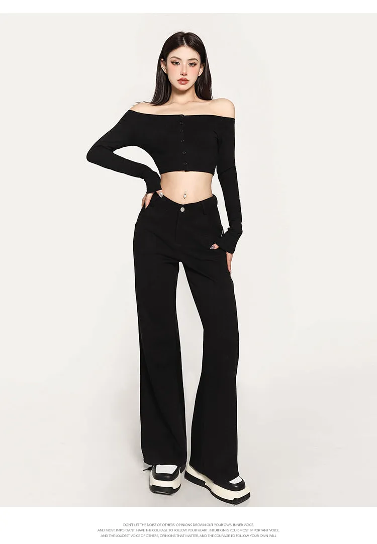 Kiara Solid Color One-shoulder Long-sleeved Off the Shoulder Slim Cropped Top
