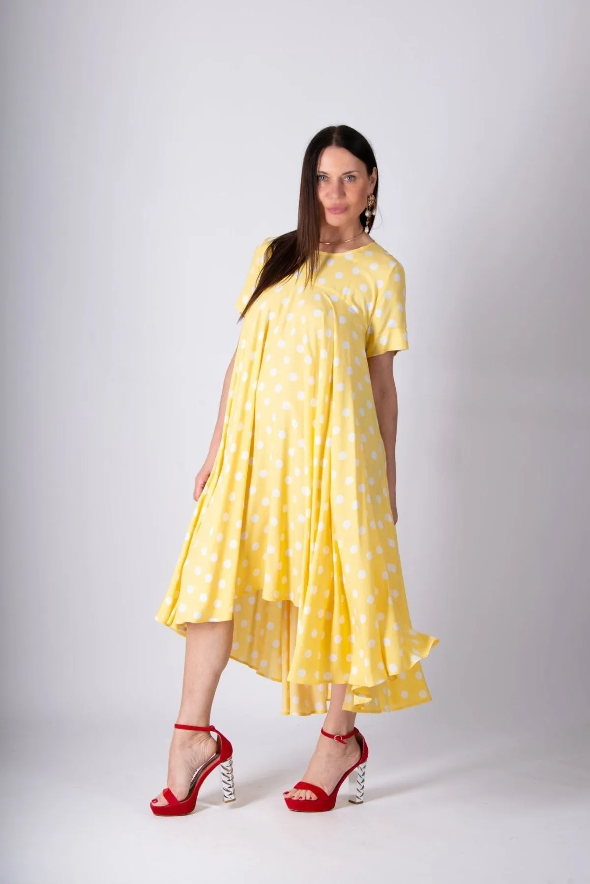 KOSARA Yellow Polka Dot Summer Maxi Dress