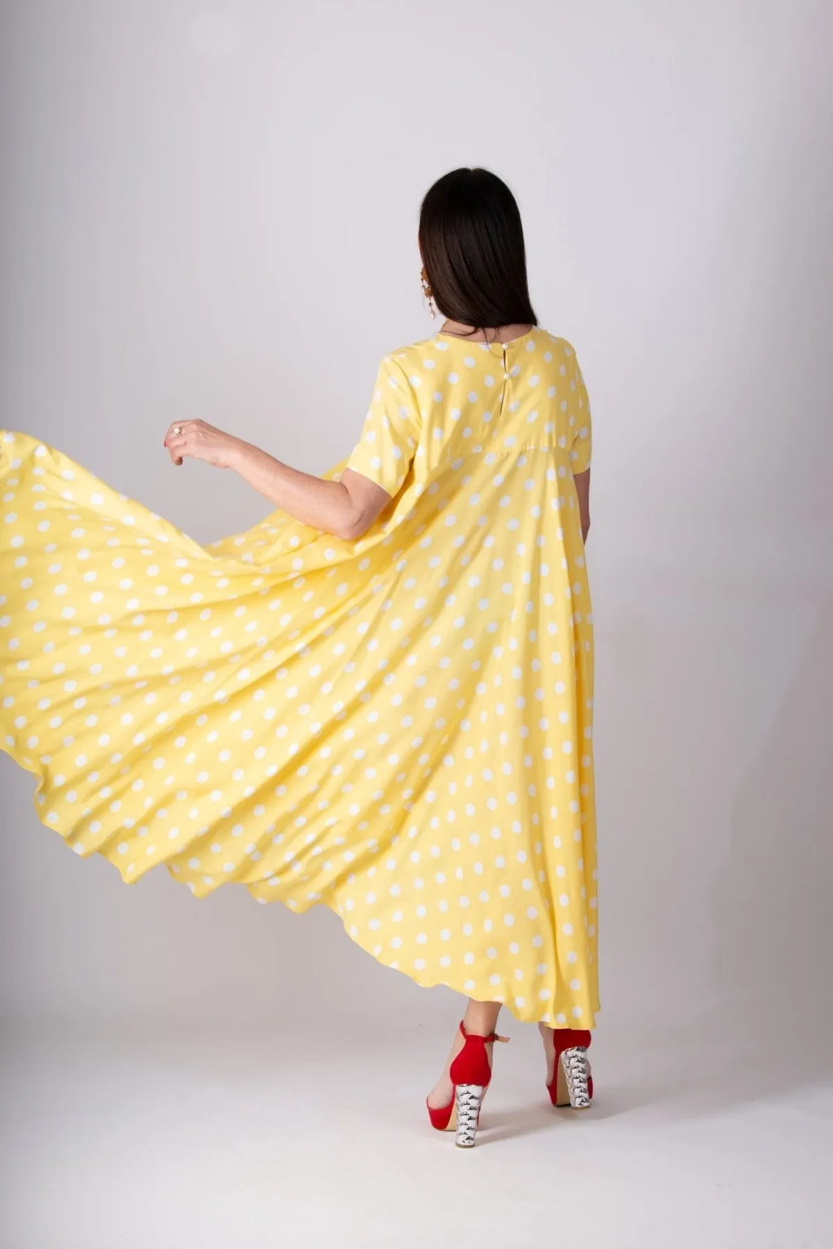 KOSARA Yellow Polka Dot Summer Maxi Dress
