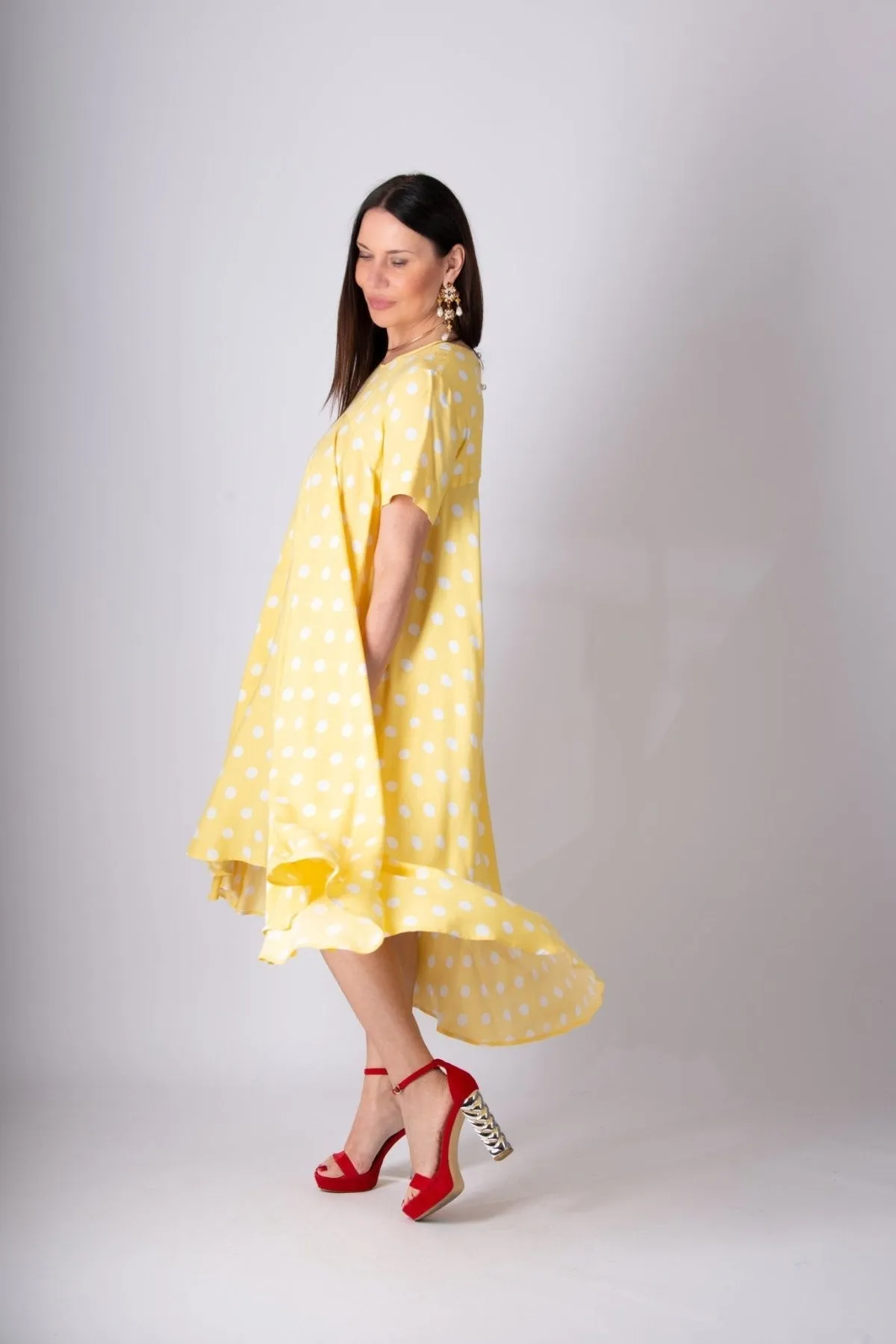 KOSARA Yellow Polka Dot Summer Maxi Dress