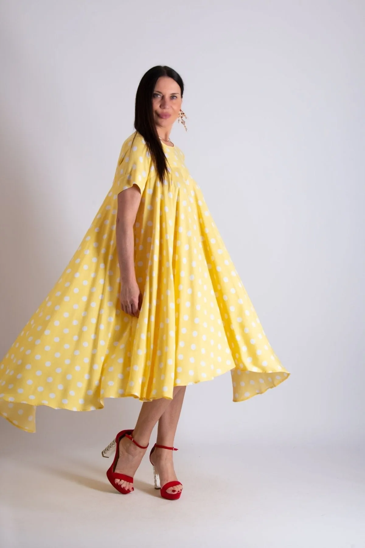KOSARA Yellow Polka Dot Summer Maxi Dress