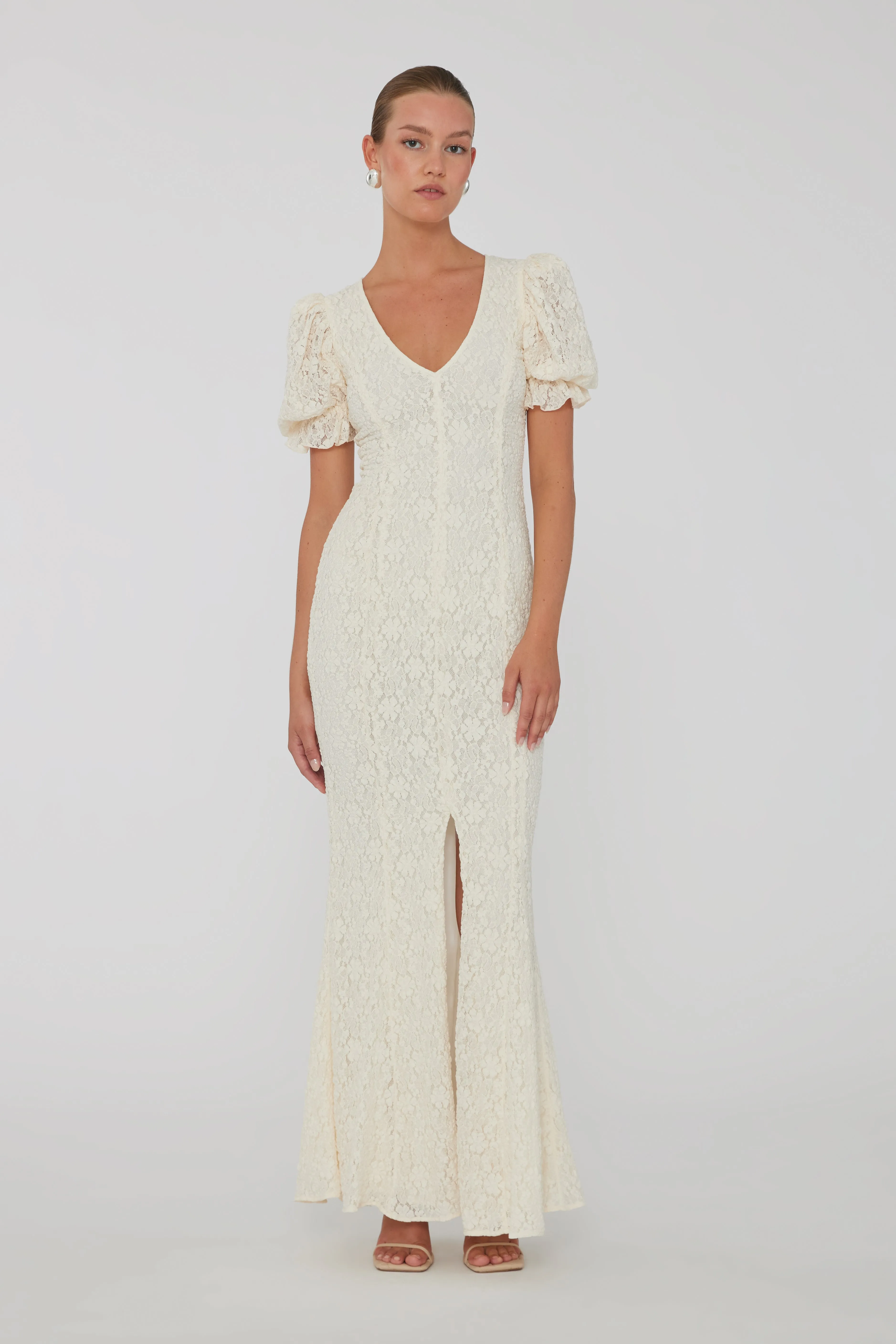 Lace Puffy Maxi Dress - Egret