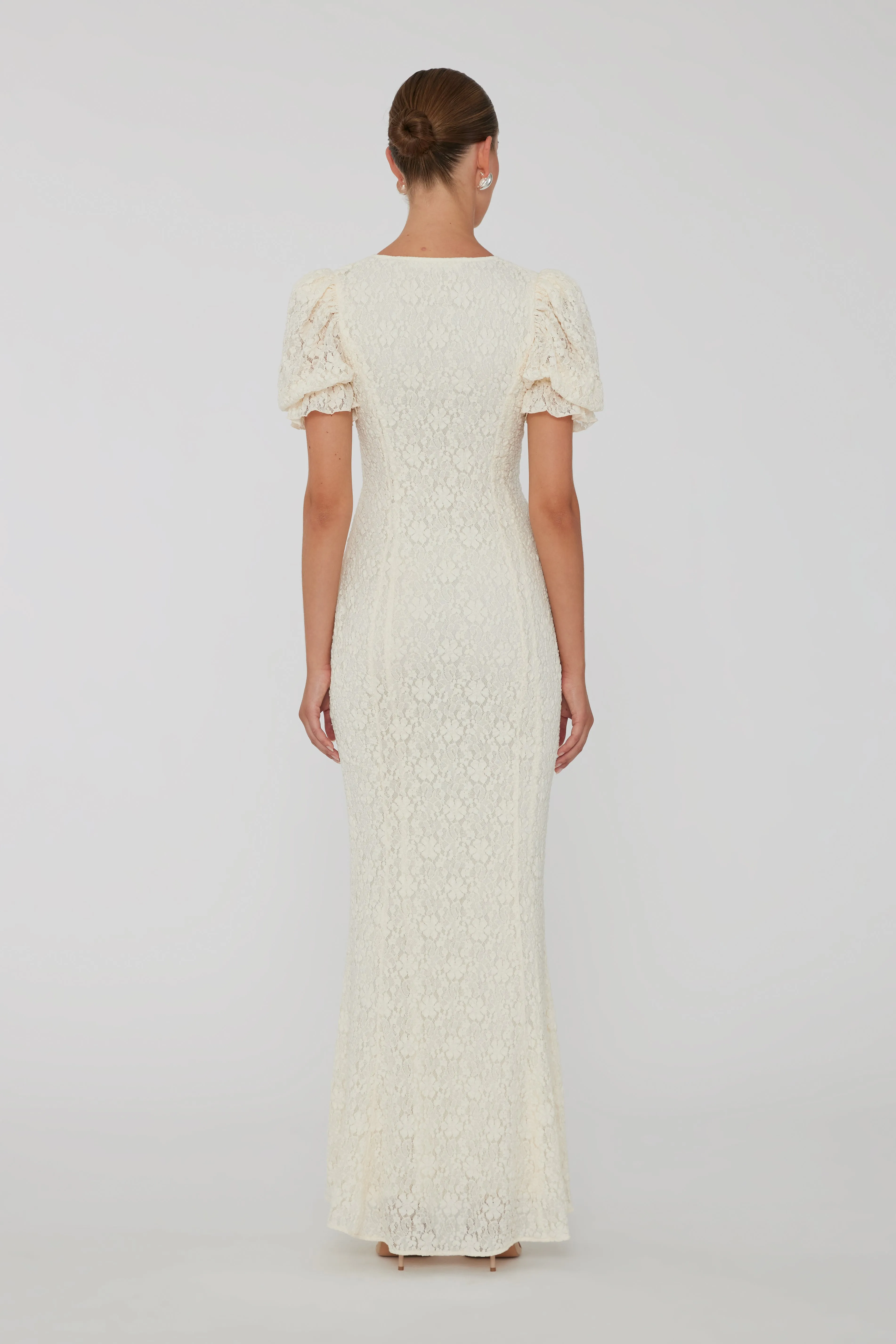 Lace Puffy Maxi Dress - Egret