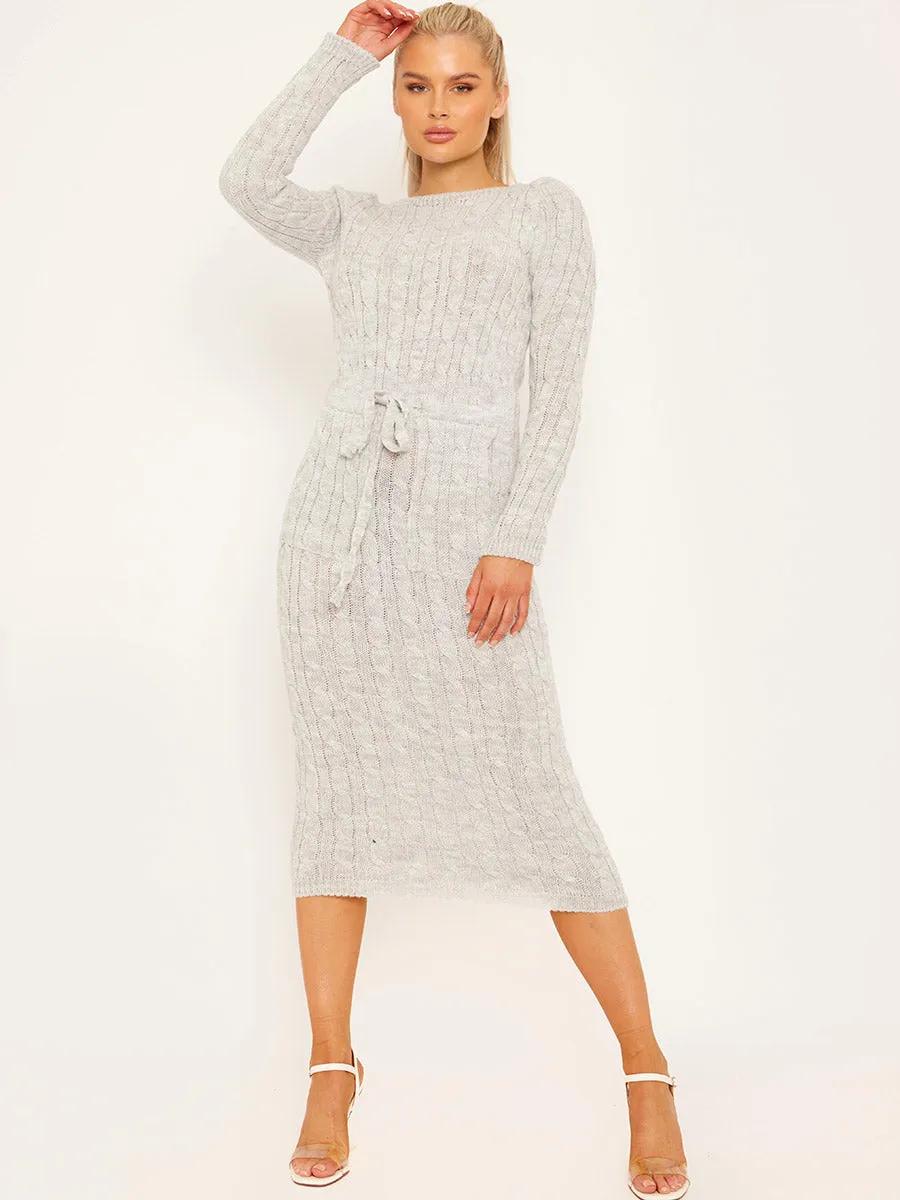 Leora Cable Knit Drawstring Waist Dress In Grey