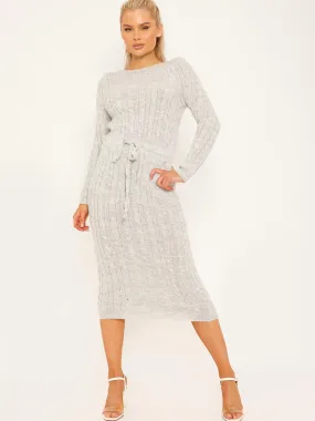 Leora Cable Knit Drawstring Waist Dress In Grey