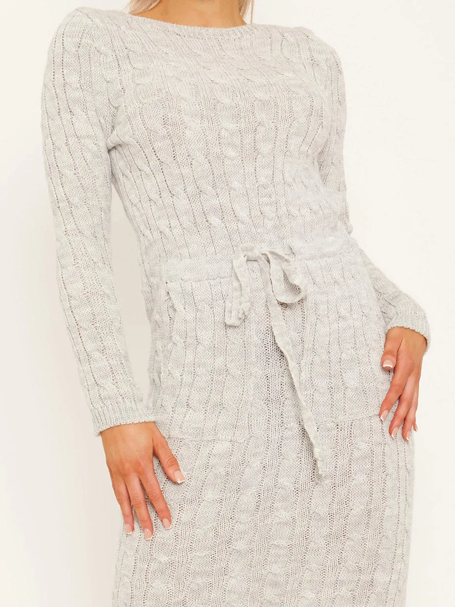 Leora Cable Knit Drawstring Waist Dress In Grey