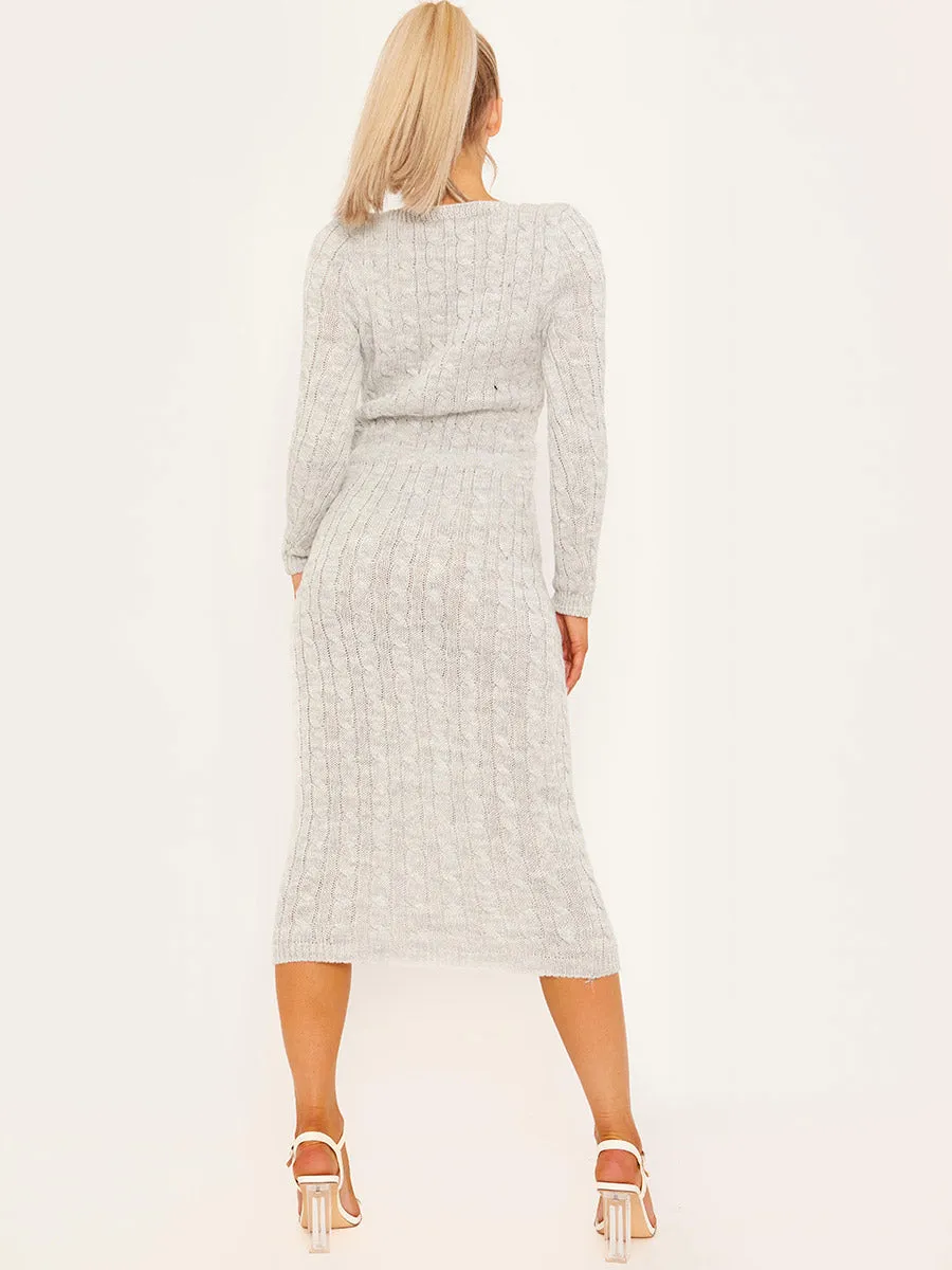 Leora Cable Knit Drawstring Waist Dress In Grey