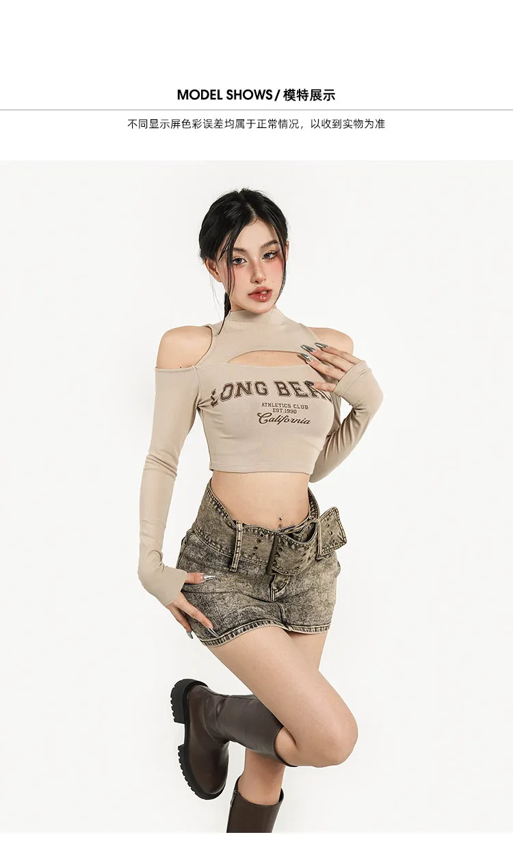 LONG BEACH Graphic Letter Print turtleneck Cut Out Crop Top