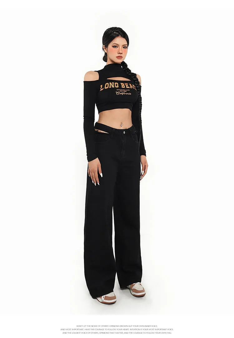 LONG BEACH Graphic Letter Print turtleneck Cut Out Crop Top