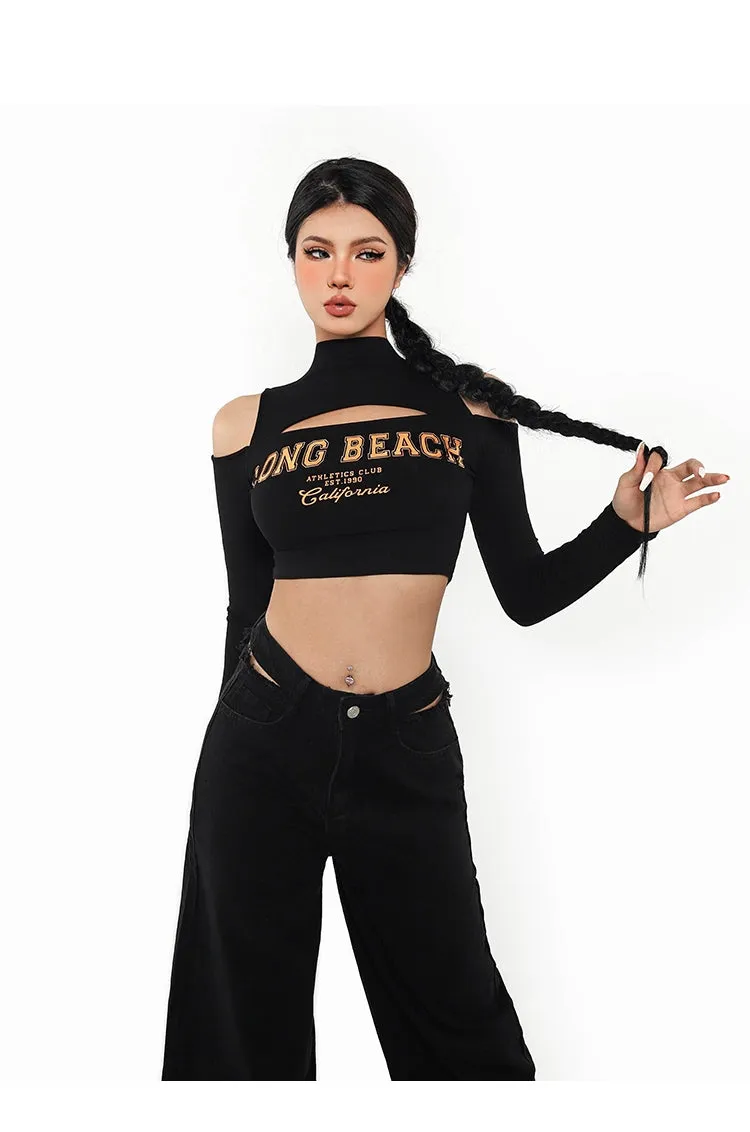 LONG BEACH Graphic Letter Print turtleneck Cut Out Crop Top