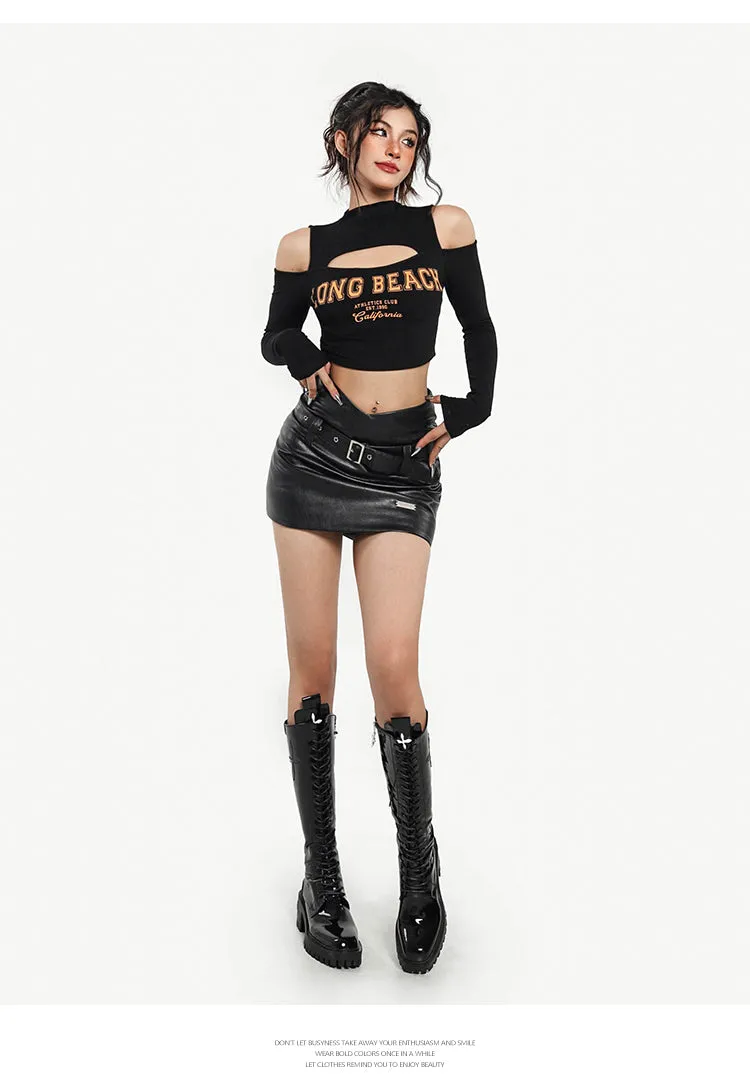 LONG BEACH Graphic Letter Print turtleneck Cut Out Crop Top