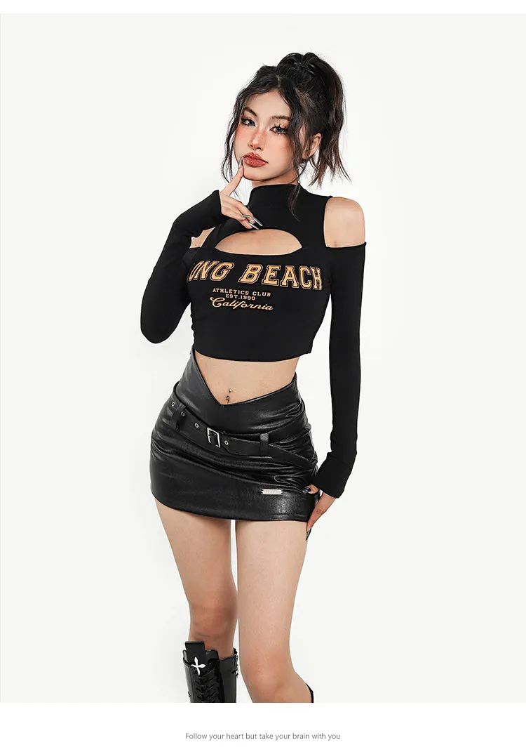 LONG BEACH Graphic Letter Print turtleneck Cut Out Crop Top
