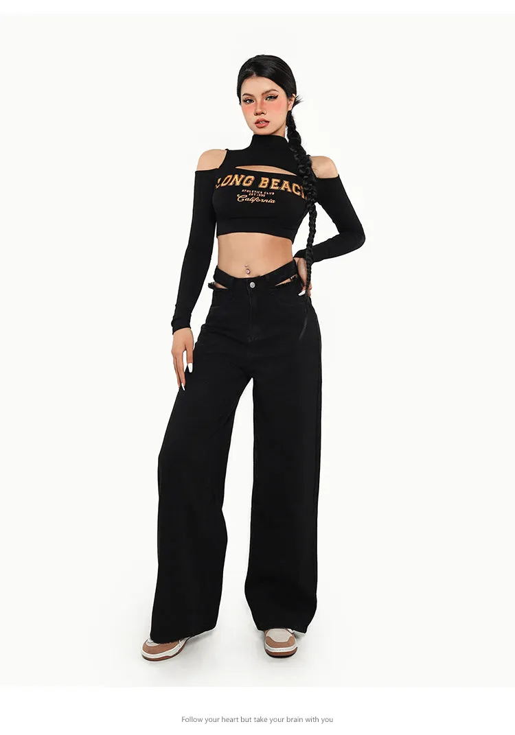 LONG BEACH Graphic Letter Print turtleneck Cut Out Crop Top