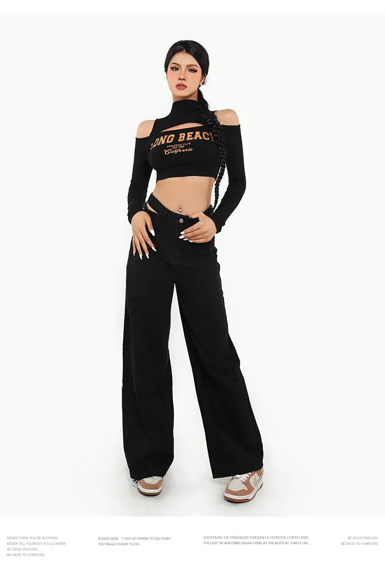 LONG BEACH Graphic Letter Print turtleneck Cut Out Crop Top