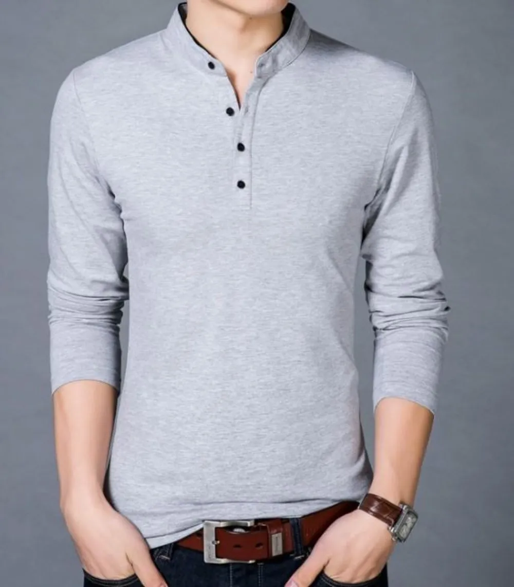 Long Sleeve Henley Shirt with Stand Up Collar