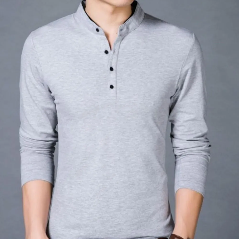 Long Sleeve Henley Shirt with Stand Up Collar