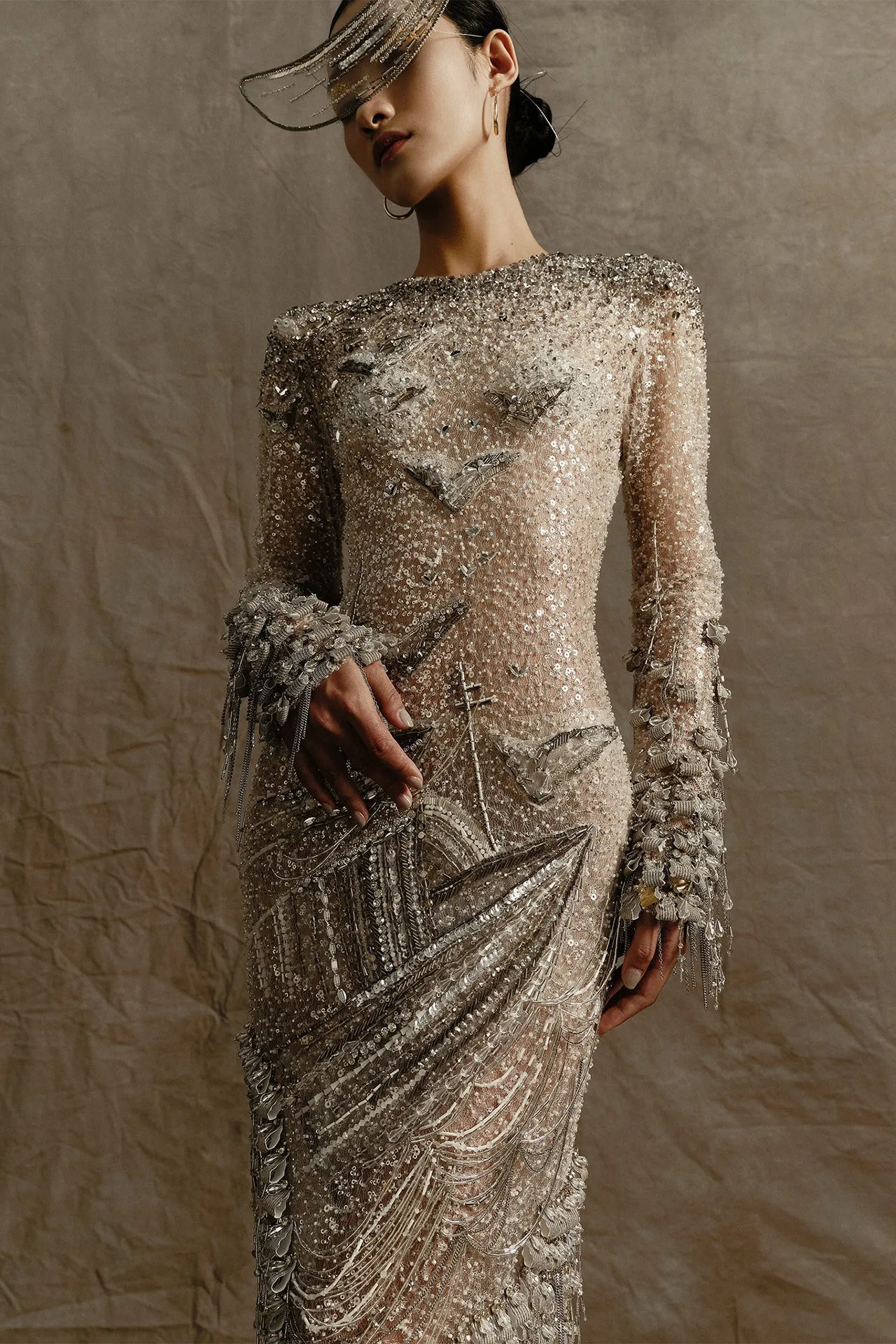 Long-Sleeved Embellished Mermaid Dress with Layered Skirt