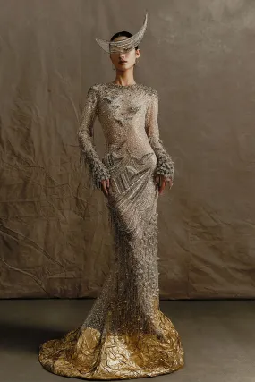 Long-Sleeved Embellished Mermaid Dress with Layered Skirt
