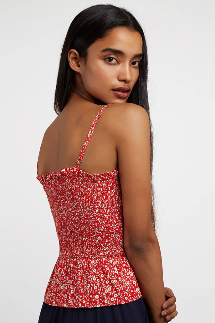 Lyse Shrubbery Print Smocked Bodice Strappy Top