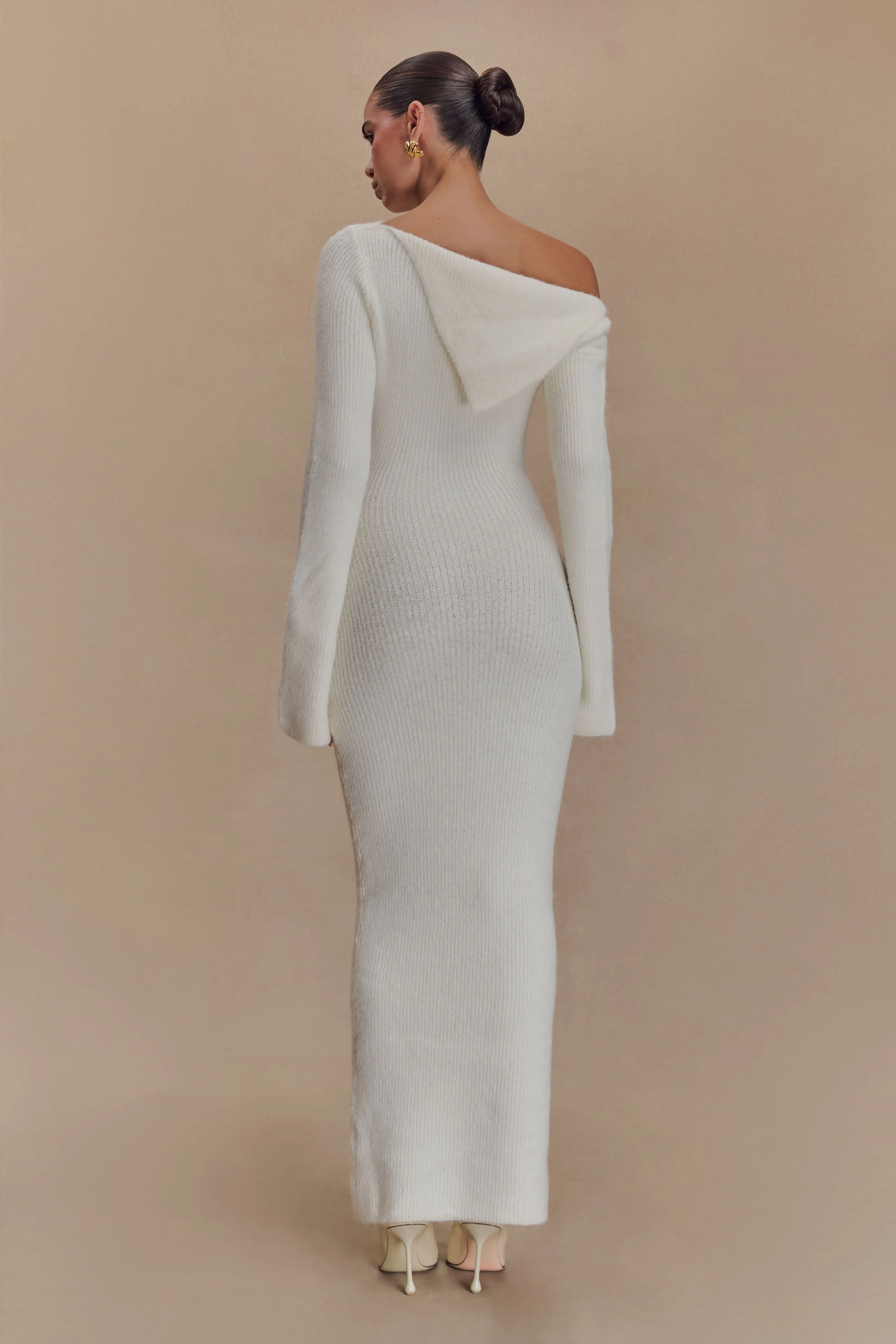Magenta One Shoulder Fluffy Knit Midi Dress - Ivory