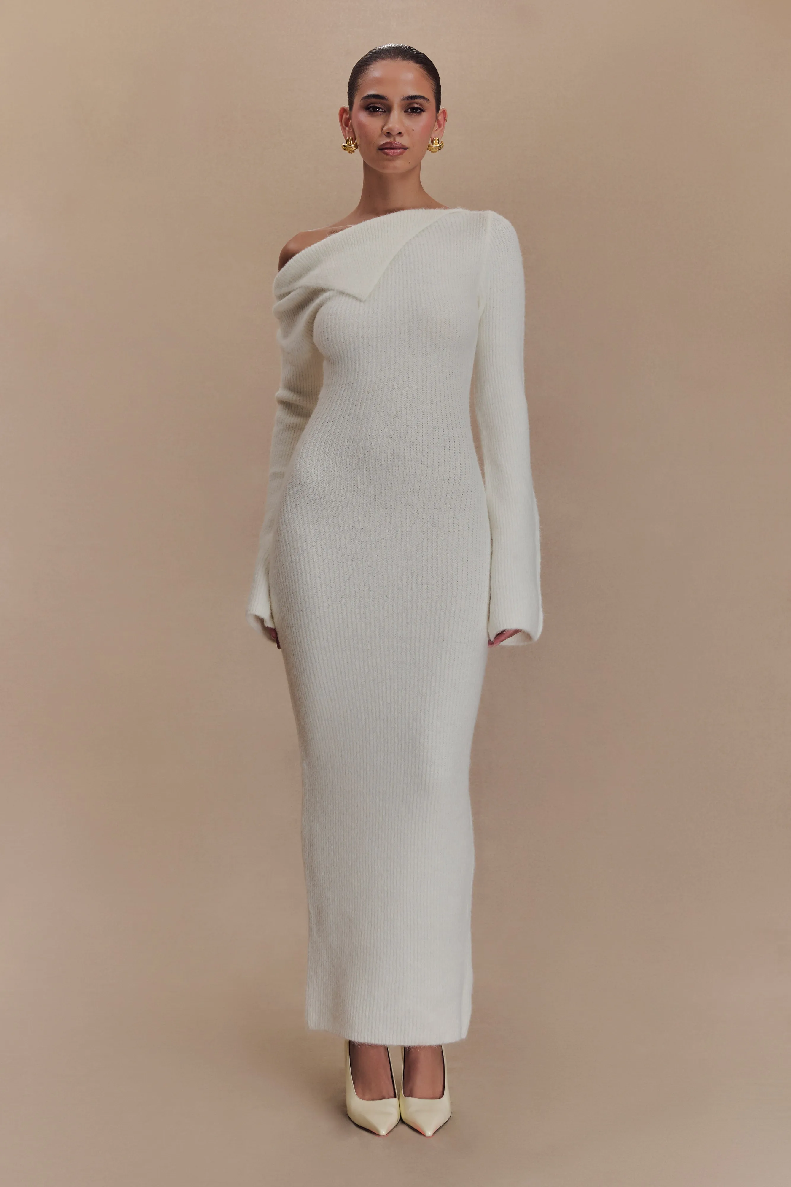 Magenta One Shoulder Fluffy Knit Midi Dress - Ivory