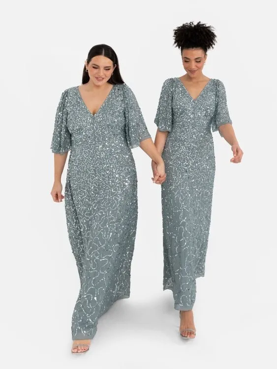 Maya Misty Green Fully Embellished Angel Sleeve Maxi Dress