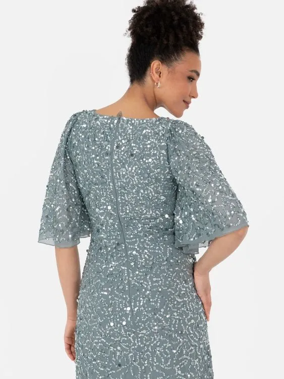 Maya Misty Green Fully Embellished Angel Sleeve Maxi Dress