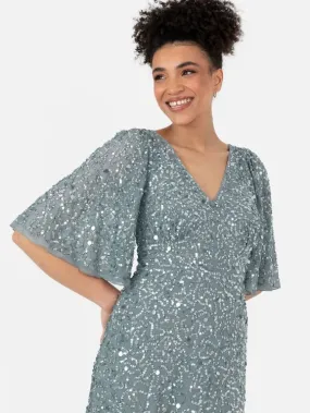 Maya Misty Green Fully Embellished Angel Sleeve Maxi Dress