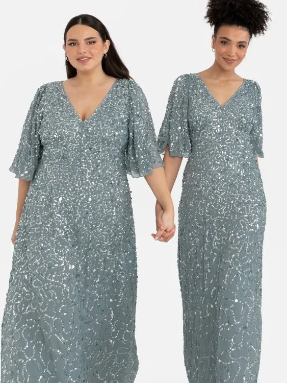 Maya Misty Green Fully Embellished Angel Sleeve Maxi Dress