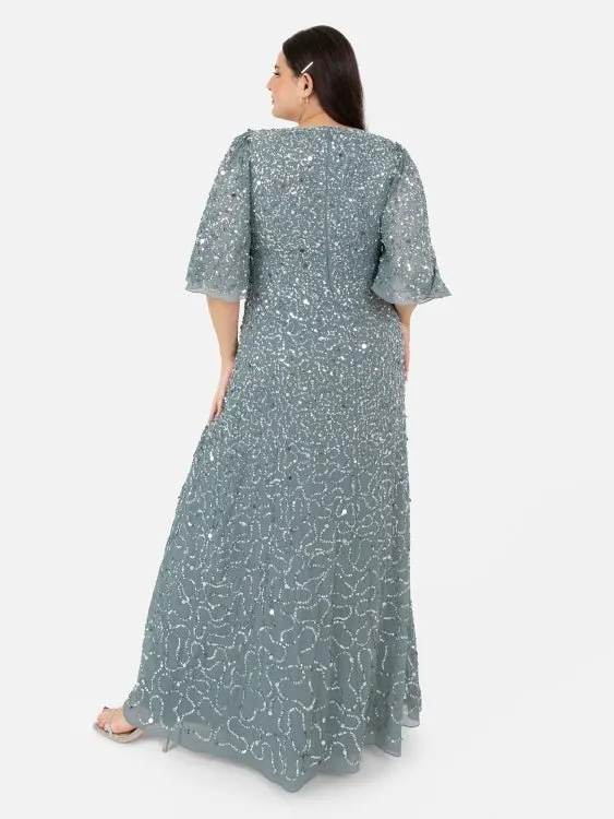 Maya Misty Green Fully Embellished Angel Sleeve Maxi Dress