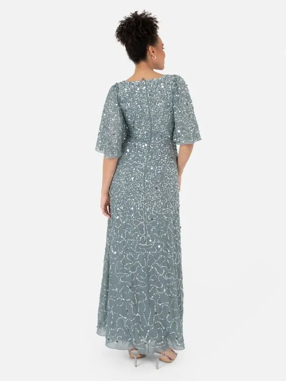 Maya Misty Green Fully Embellished Angel Sleeve Maxi Dress