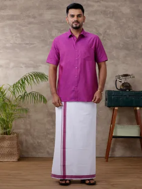 Men Matching Border Dhoti & Shirt Set Half Magenta C49