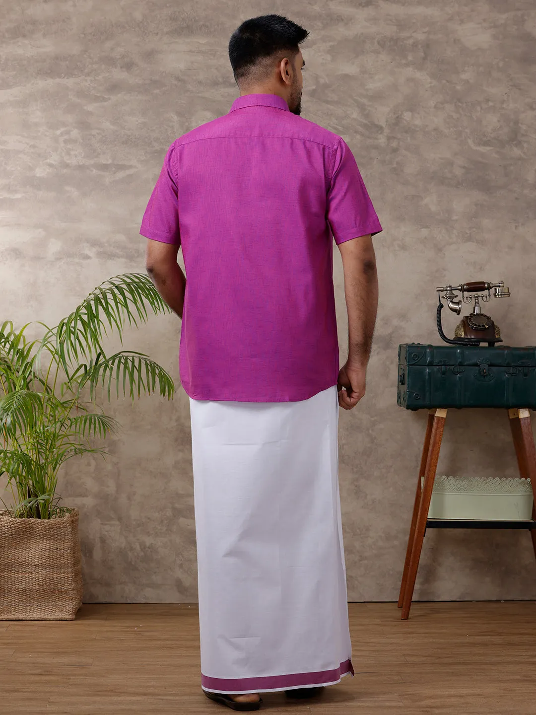 Men Matching Border Dhoti & Shirt Set Half Magenta C49