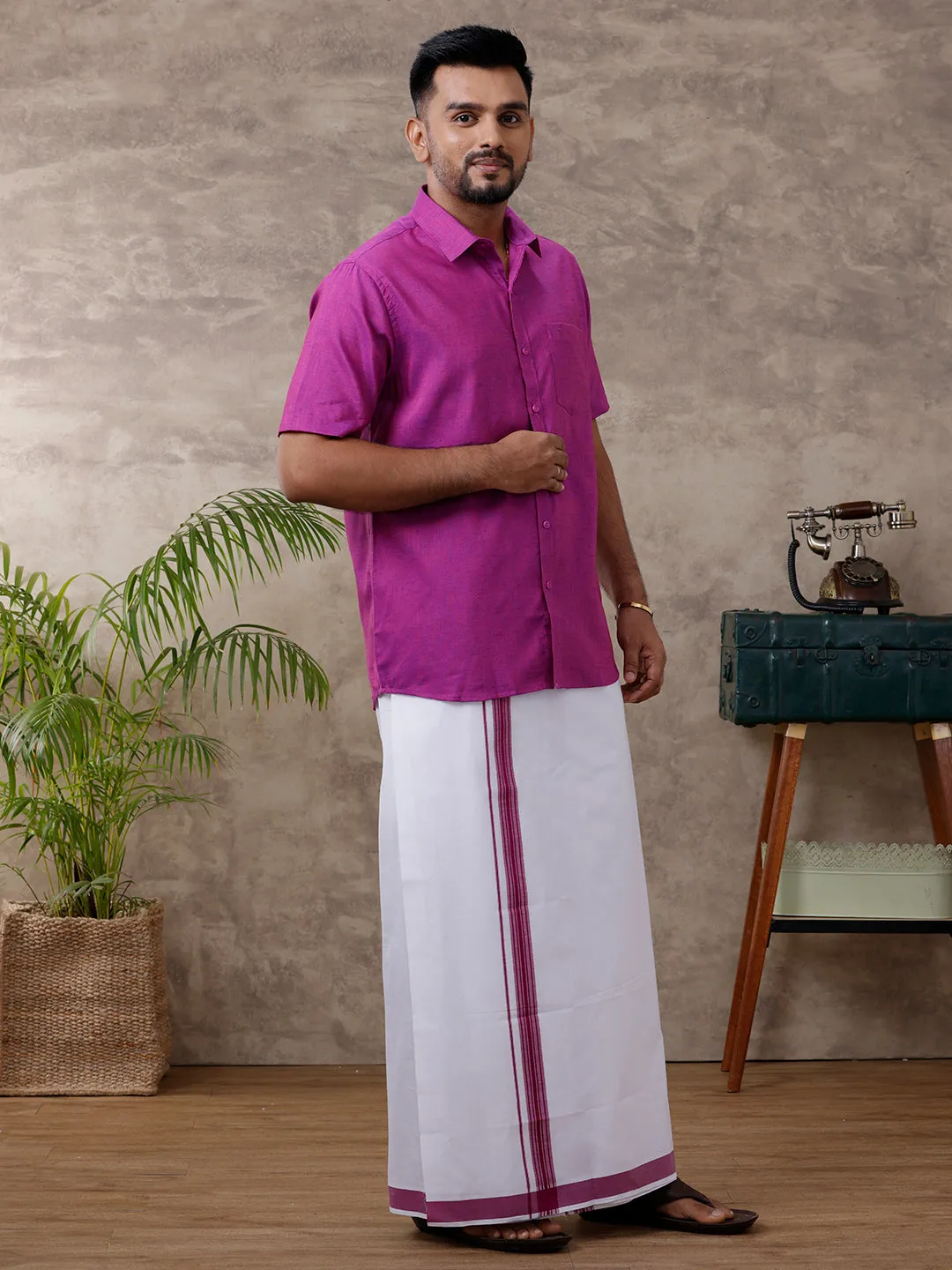 Men Matching Border Dhoti & Shirt Set Half Magenta C49