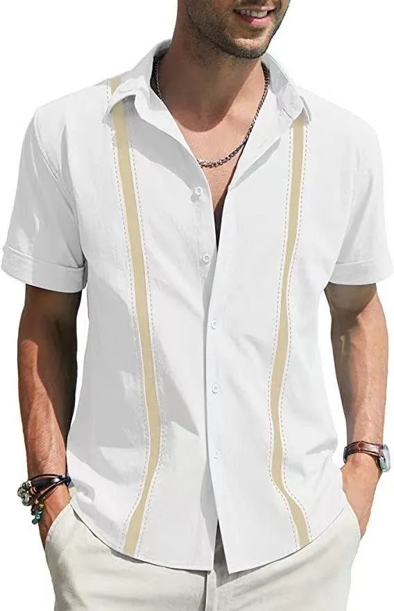Men's Color Block Lapel Short Sleeve Shirt - Stylish Casual Wear