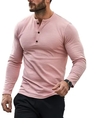 Men's Gentle Pink Casual Henley Neck Long Sleeve T-Shirt