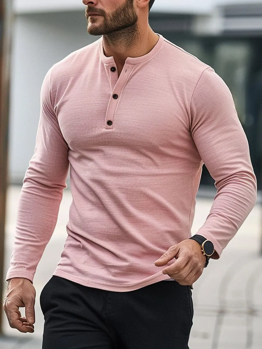 Men's Gentle Pink Casual Henley Neck Long Sleeve T-Shirt