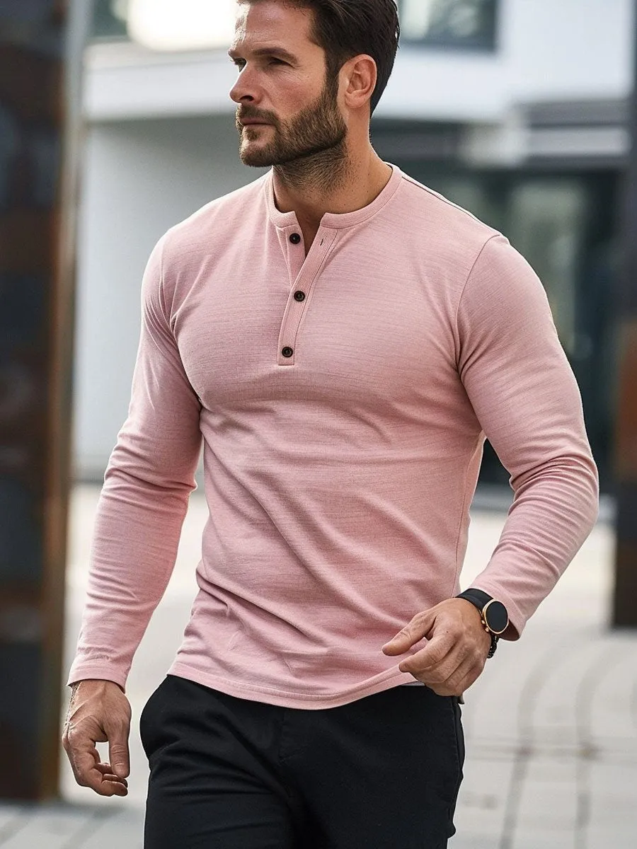 Men's Gentle Pink Casual Henley Neck Long Sleeve T-Shirt