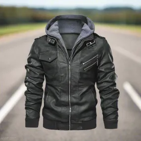 Mens PU Leather Jacket with Removable Hood