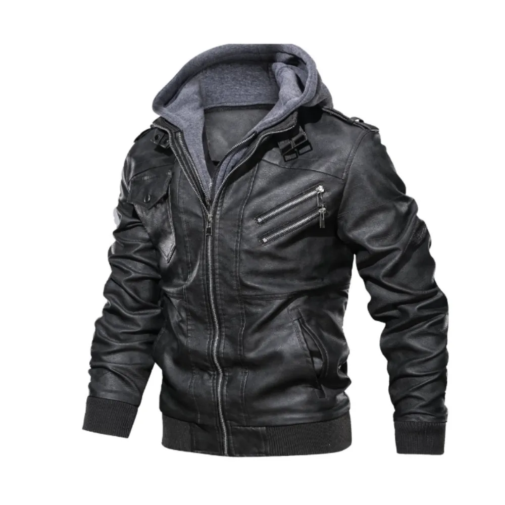 Mens PU Leather Jacket with Removable Hood
