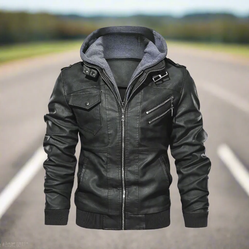 Mens PU Leather Jacket with Removable Hood