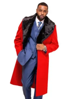 Mens Red Fur Collar Overcoat