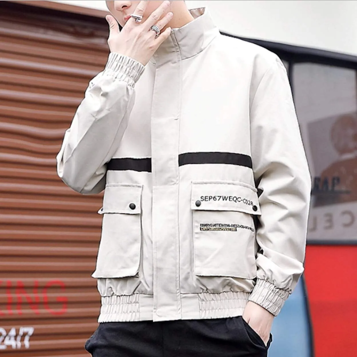 Mens Stand Collar Jacket Stripes