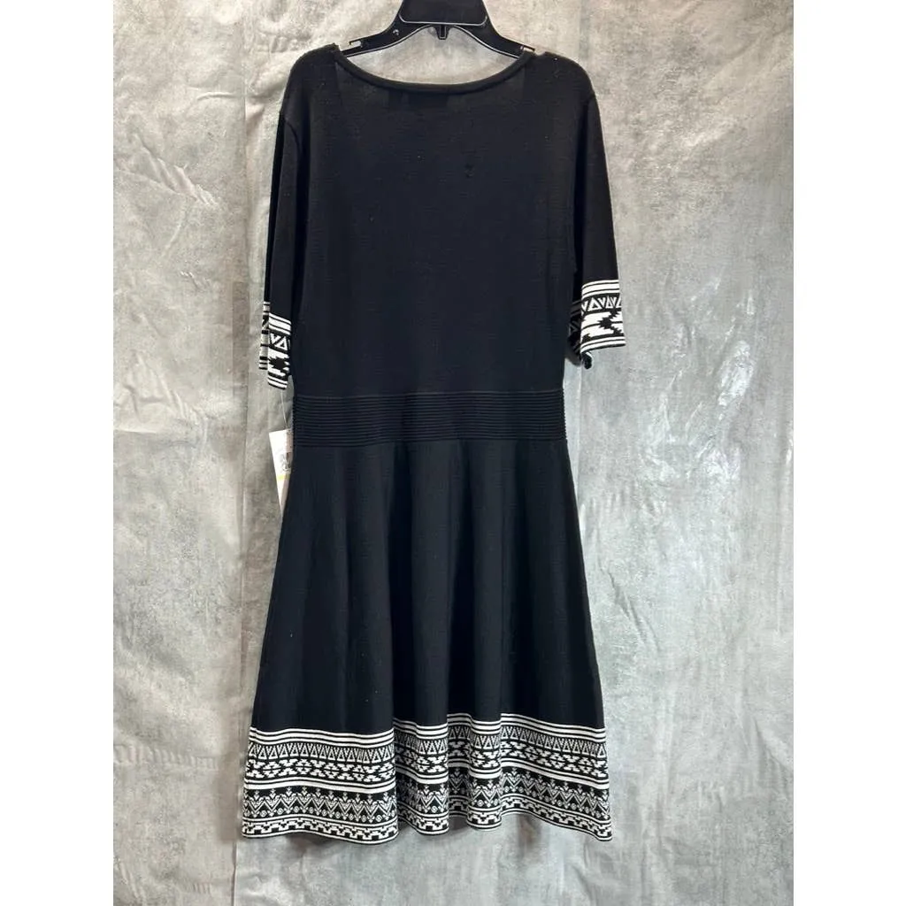NINA LEONARD Women's Black Knit Geometric-Trim Fit & Flare Mini Dress SZ M