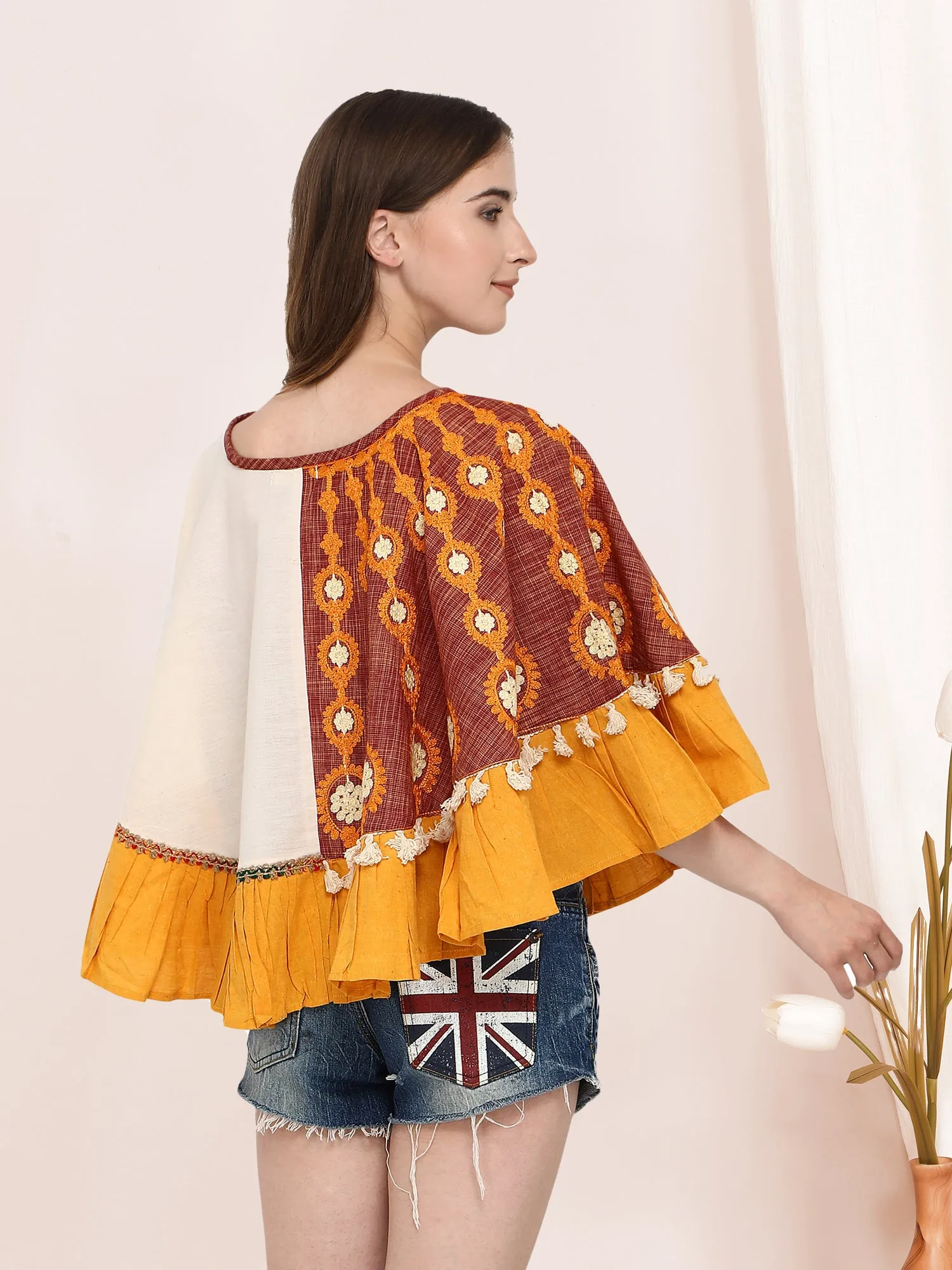 One-Sided Embroidered Rust zam-zam Poncho