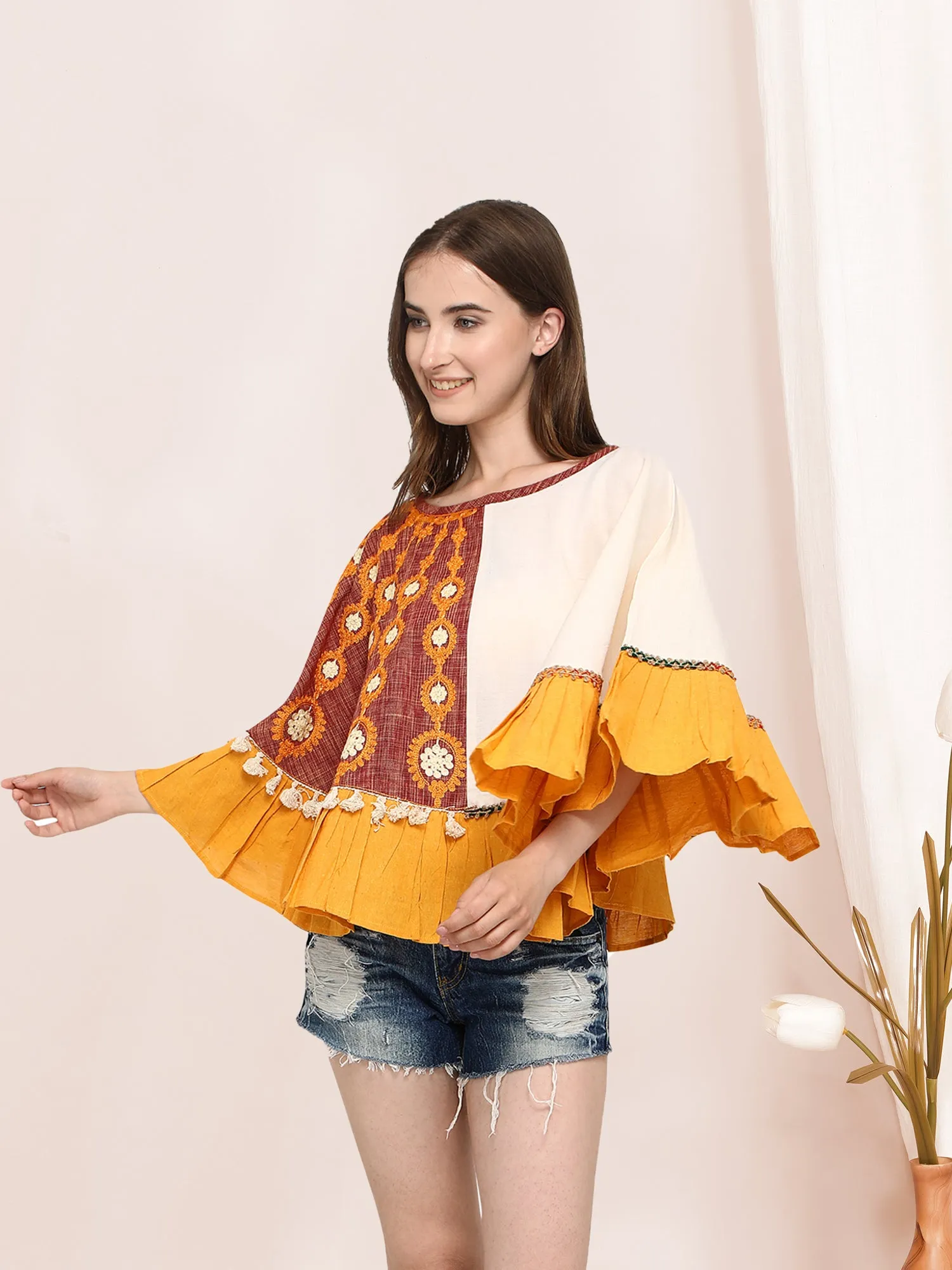 One-Sided Embroidered Rust zam-zam Poncho