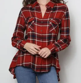 Plaid Button Front Hi Lo Lace Up Back Shirt