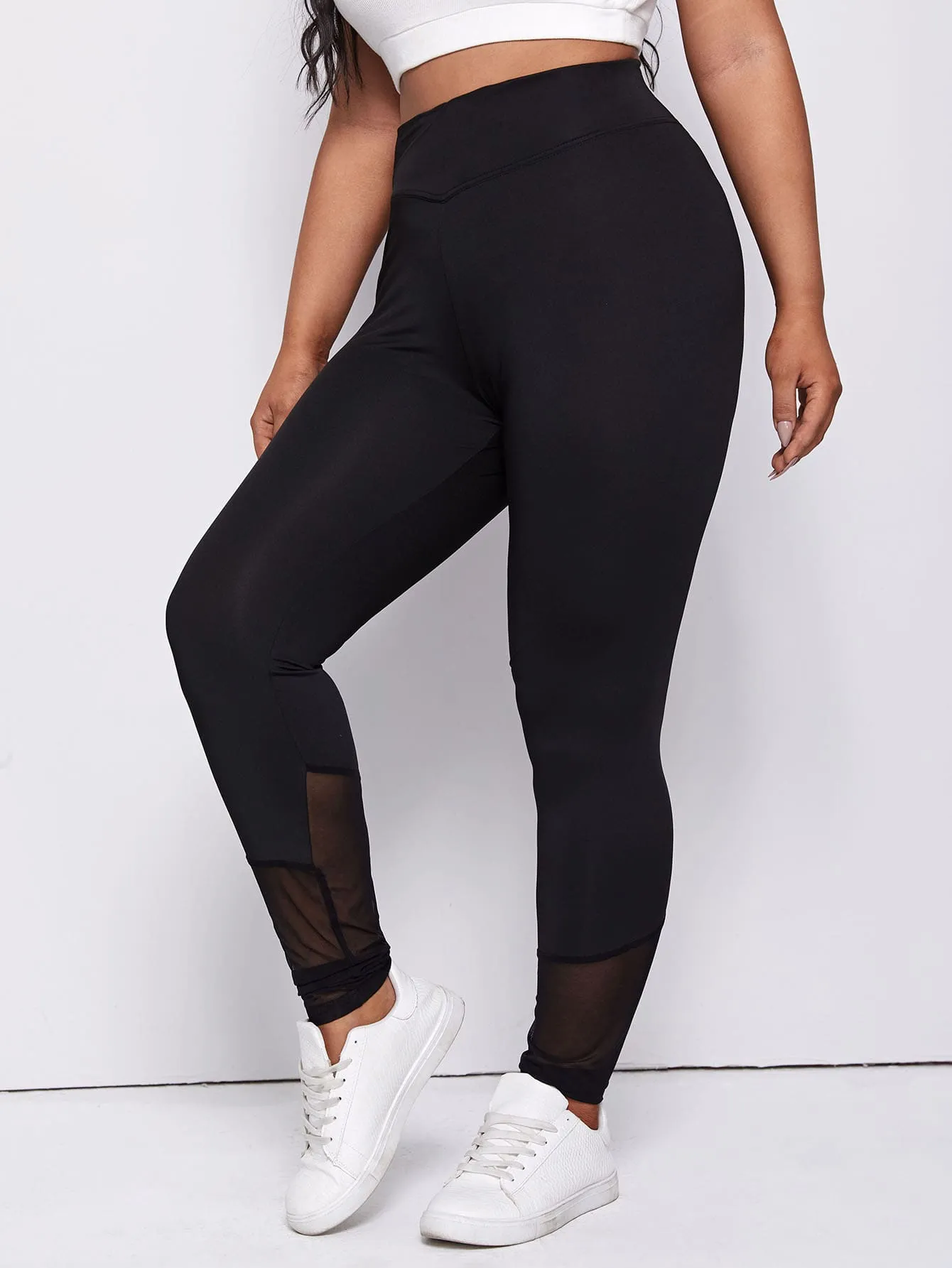 Plain Contrast Mesh Long Plus Size Leggings