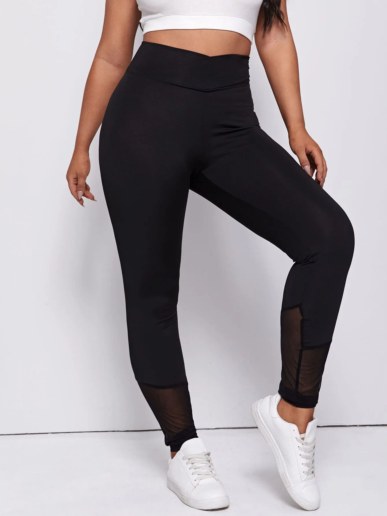 Plain Contrast Mesh Long Plus Size Leggings