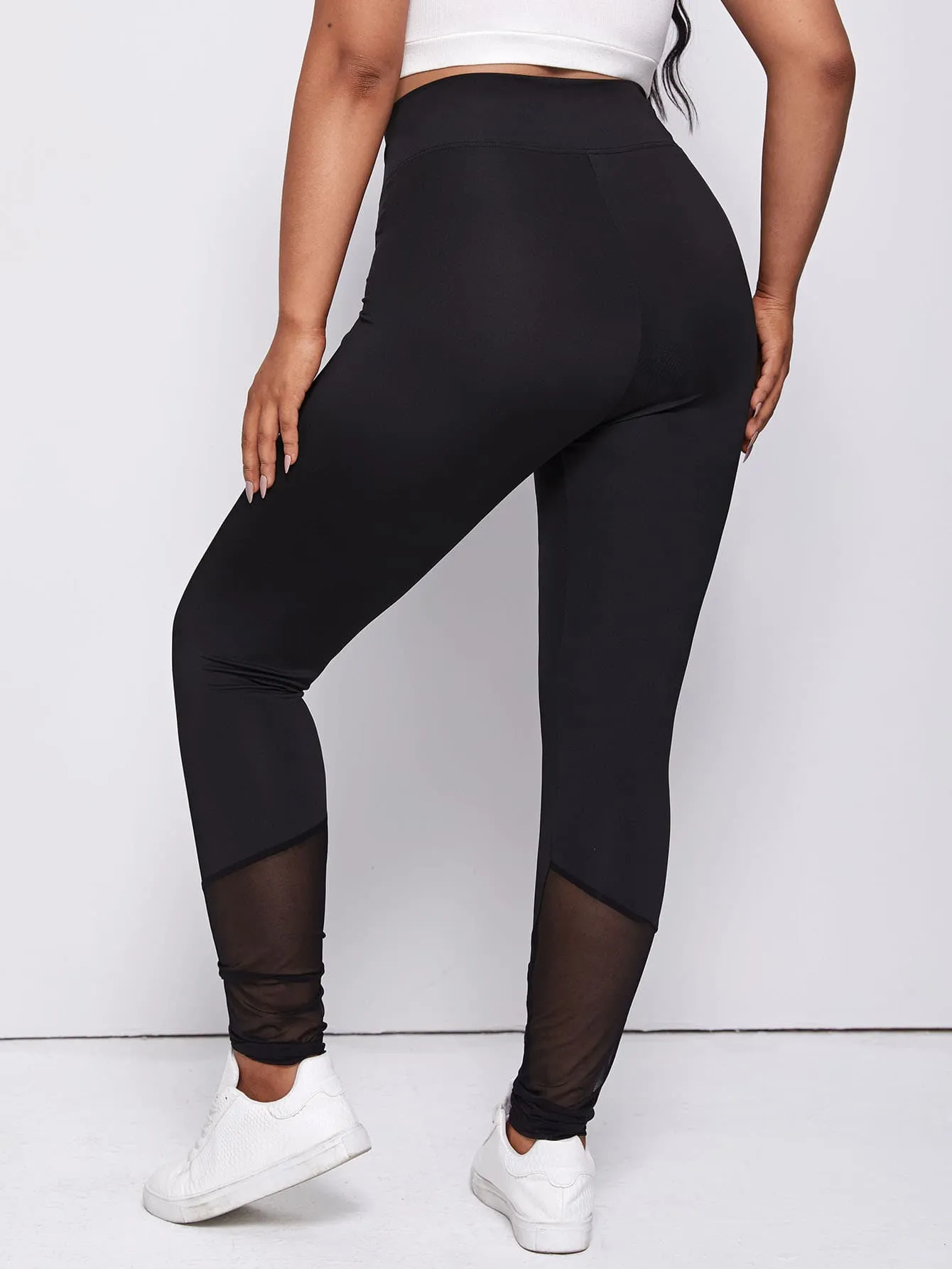 Plain Contrast Mesh Long Plus Size Leggings